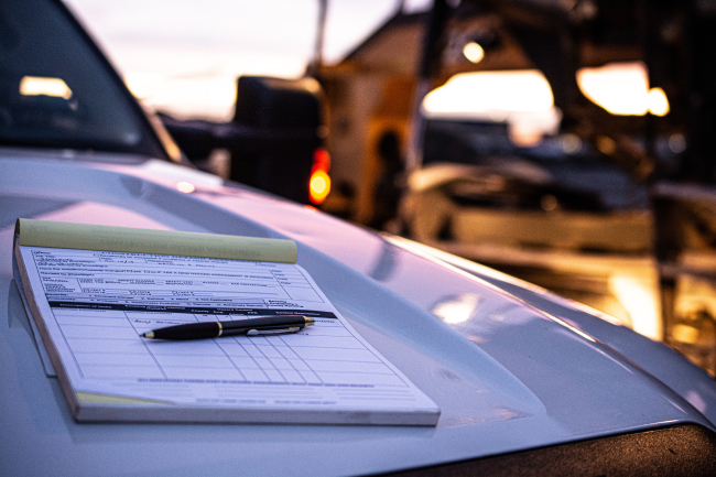 vehicle with notepad and pen on top of hood